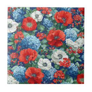 Patriotic Red Blue White Floral (1) Ceramic Tile