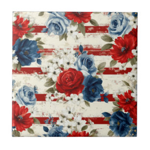 Patriotic Red Blue White Floral (2) Ceramic Tile