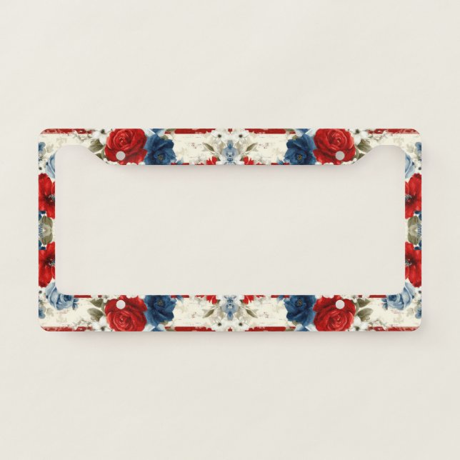 Patriotic Red Blue White Floral (2) License Plate Frame (Front)