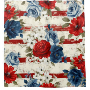 Patriotic Red Blue White Floral (2) Shower Curtain