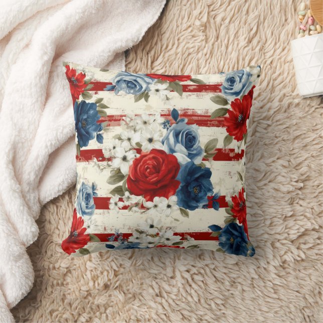Patriotic Red Blue White Floral (2) Throw Pillow (Blanket)