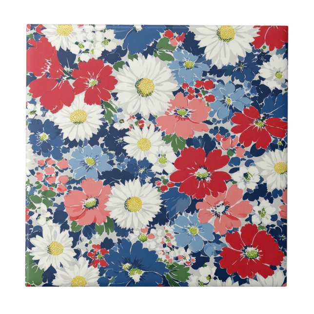 Patriotic Red Blue White Floral (3) Ceramic Tile (Front)