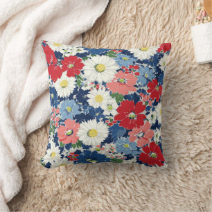Patriotic Red Blue White Floral (3) Throw Pillow