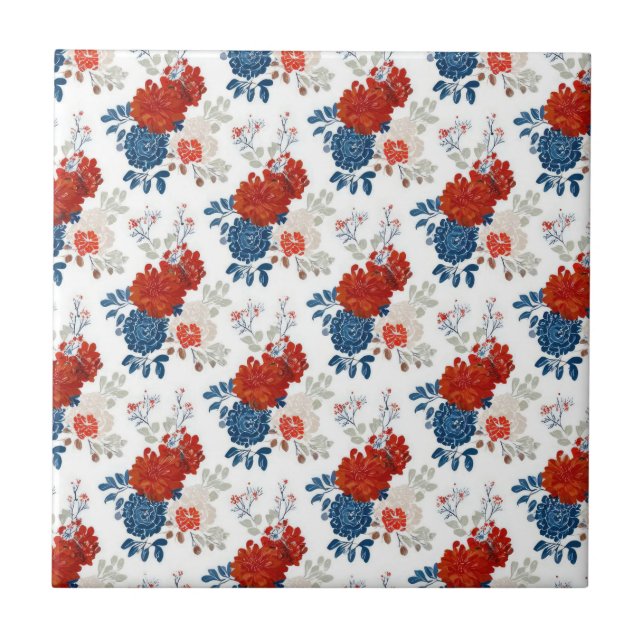 Patriotic Red Blue White Floral (4) Ceramic Tile (Front)