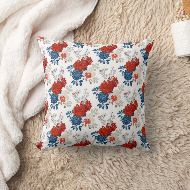 Patriotic Red Blue White Floral (4) Throw Pillow (Blanket)