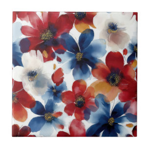 Patriotic Red Blue White Floral (5) Ceramic Tile