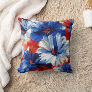 Patriotic Red Blue White Floral (6) Throw Pillow