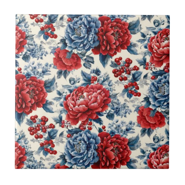 Patriotic Red Blue White Floral (7) Ceramic Tile (Front)