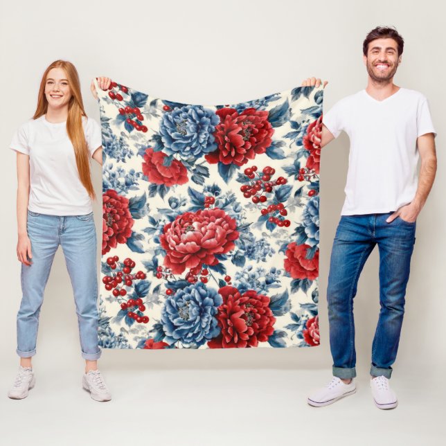Patriotic Red Blue White Floral (7) Fleece Blanket (In Situ)