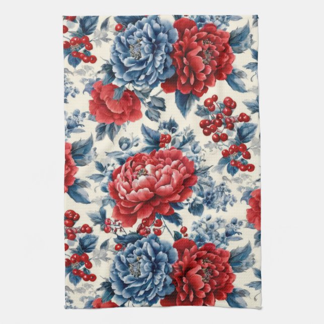 Patriotic Red Blue White Floral (7) Kitchen Towel (Vertical)