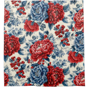Patriotic Red Blue White Floral (7) Shower Curtain