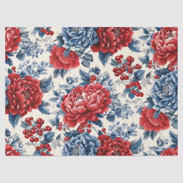 Patriotic Red Blue White Floral (7) Tissue Paper (Front)