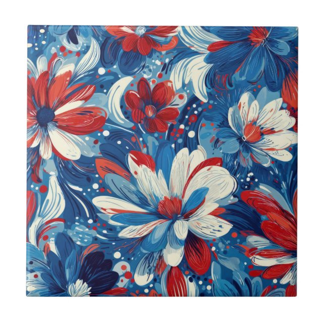 Patriotic Red Blue White Floral (8) Ceramic Tile (Front)