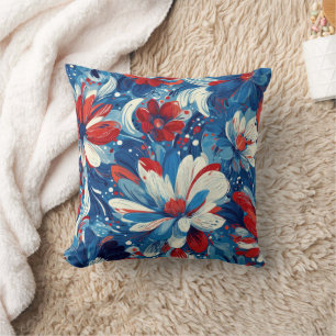 Patriotic Red Blue White Floral (8) Throw Pillow