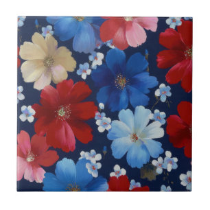 Patriotic Red Blue White Floral (9) Ceramic Tile