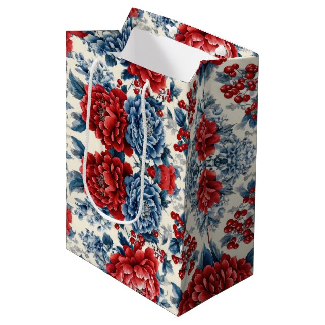 Patriotic Red Blue White Floral (9) Medium Gift Bag (Front Angled)