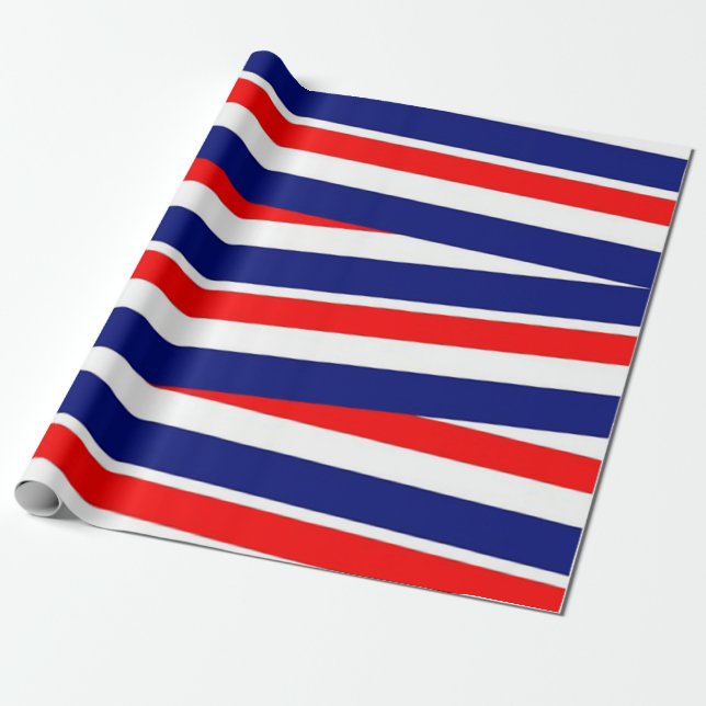 Patriotic Red Blue White Stripes Wrapping Paper (Unrolled)
