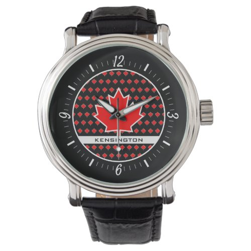 Patriotic Red Canadian Maple Leaf with Black Text Watch