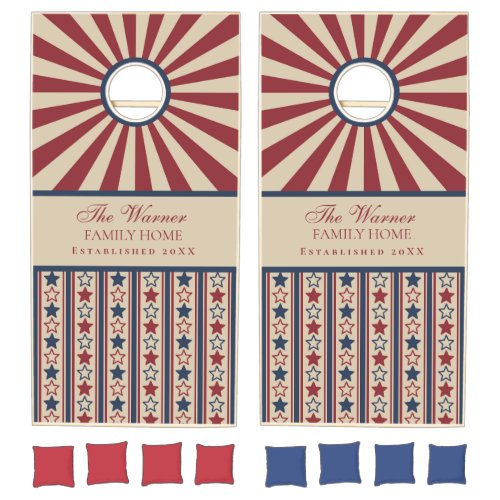 Patriotic Red Cream Blue Stars Monogrammed   Cornhole Set