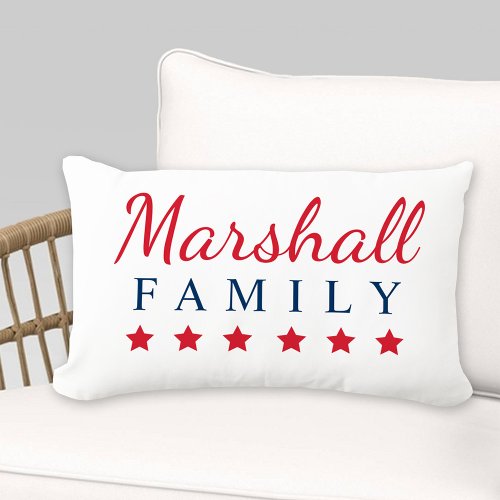 Patriotic Red Navy Blue Family Monogram with Stars Lumbar Pillow