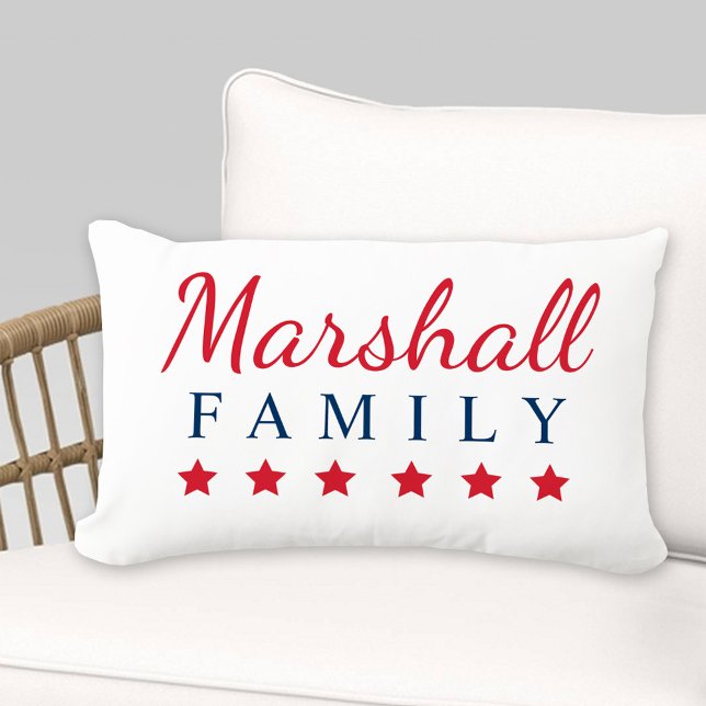 Patriotic Red Navy Blue Family Monogram with Stars Lumbar Pillow (Creator Uploaded)