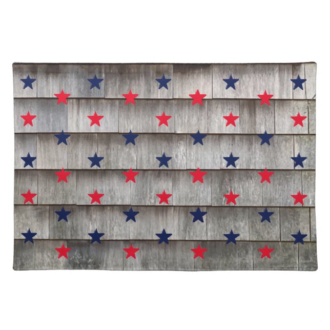 Patriotic red navy blue stars rustic shingles cloth placemat (Front)