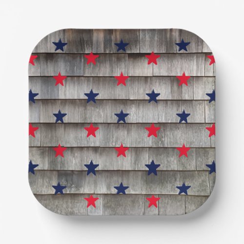 Patriotic red navy blue stars rustic shingles paper plates