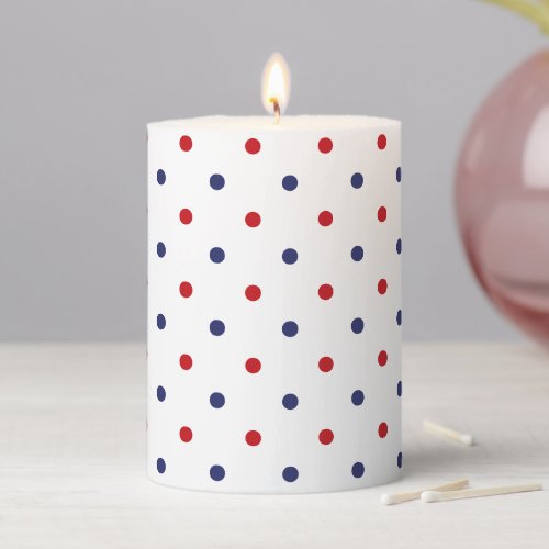 Patriotic red navy blue white polka dot holiday pillar candle