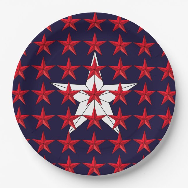 Patriotic Red Stars on Blue Field Paper Plate (Front)