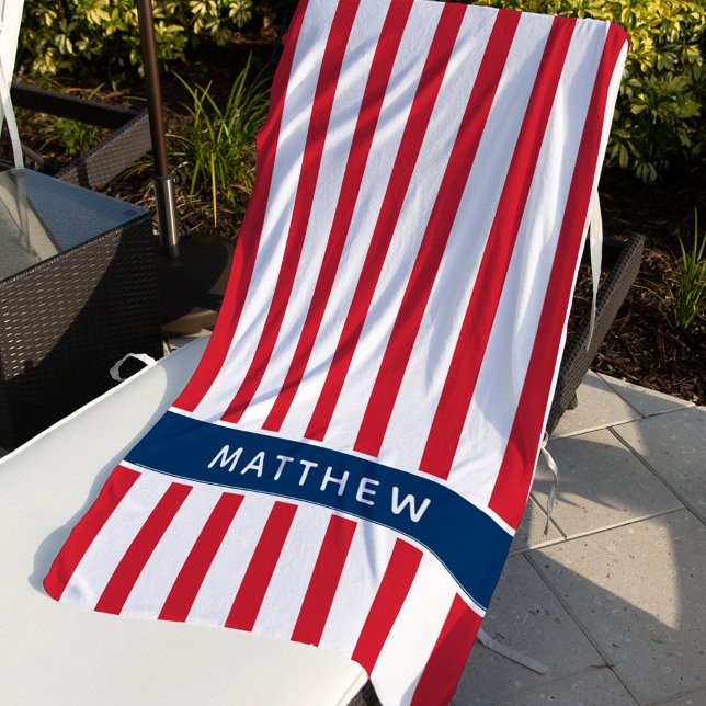 Patriotic Red Stripe Blue Monogram Name Beach Towel (Creator Uploaded)