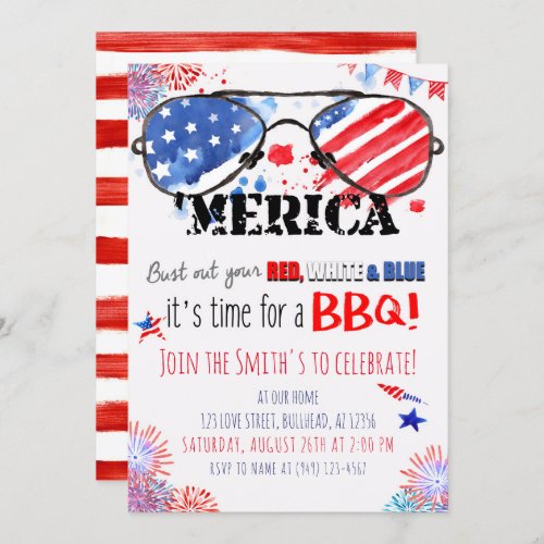 Patriotic Red White and Blue 4th of July BBQ Invitation