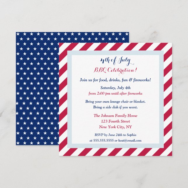 Patriotic Red White and Blue 4th of July BBQ Party Invitation (Front/Back)