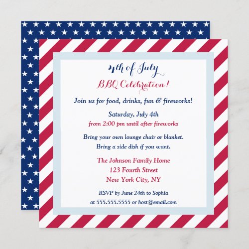Patriotic Red White and Blue 4th of July BBQ Party Invitation