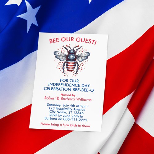 Patriotic Red White and Blue 4th of July BEE BBQ  Invitation
