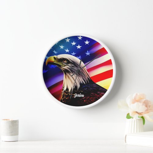 Patriotic Red White and Blue and Bald Eagle Clock
