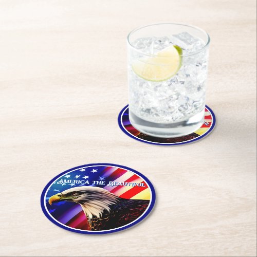 Patriotic Red White and Blue and Bald Eagle Round Paper Coaster
