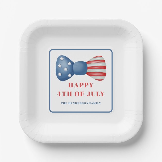 Patriotic Red, White And Blue Bow 4th Of July Paper Plates (Front)