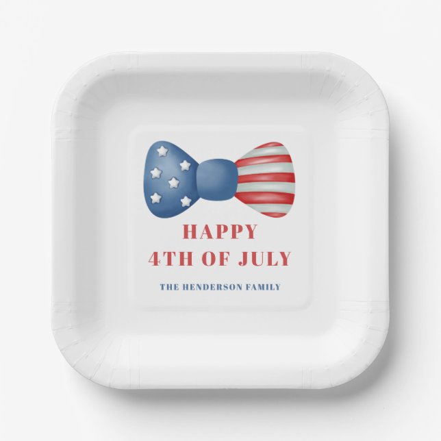 Patriotic Red, White And Blue Bow 4th Of July Paper Plates (Front)