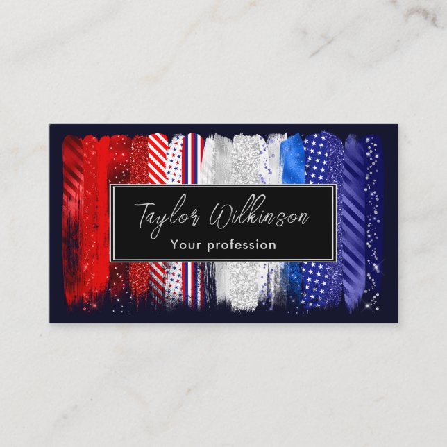Patriotic Red, White and Blue Brush Strokes Business Card (Front)