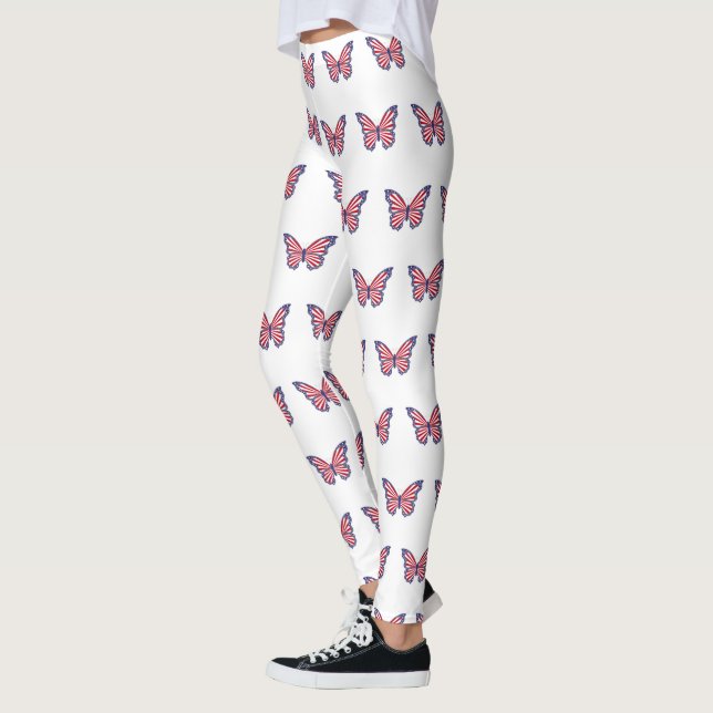 Patriotic Red White And Blue Butterfly Leggings (Left)