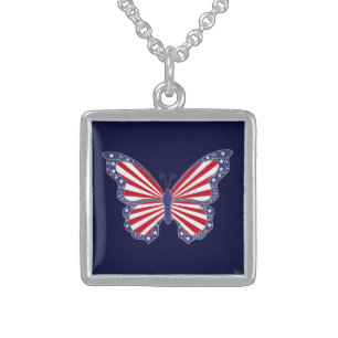 Patriotic Red White And Blue Butterfly  Necklace