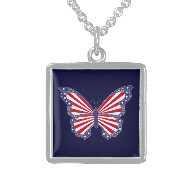 Patriotic Red White And Blue Butterfly  Necklace (Front)