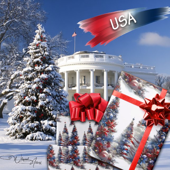 Patriotic Red White and Blue Christmas Trees Wrapping Paper (Creator Uploaded)