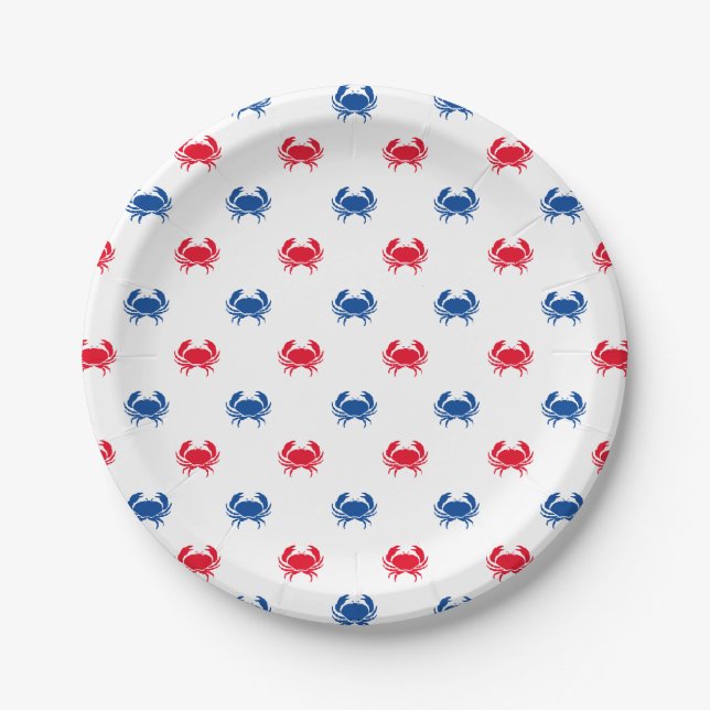 Patriotic Red white and blue crab pattern Paper Plates (Front)