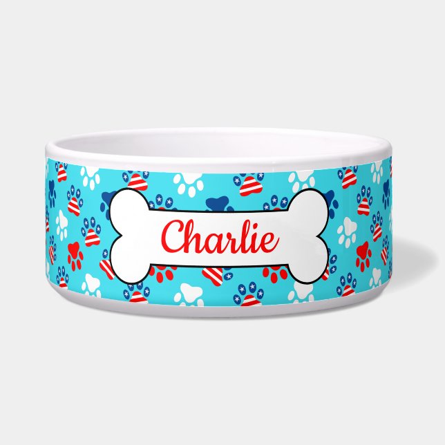 Patriotic Red White and Blue Dog Paws Pattern Bowl (Front)