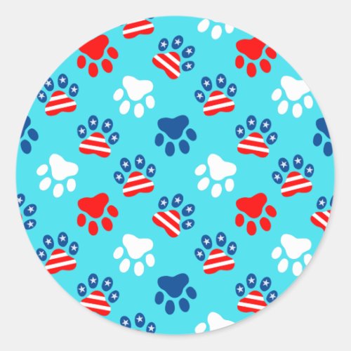 Patriotic Red White and Blue Dog Paws Pattern Classic Round Sticker