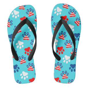 Patriotic Red White and Blue Dog Paws Pattern Flip Flops