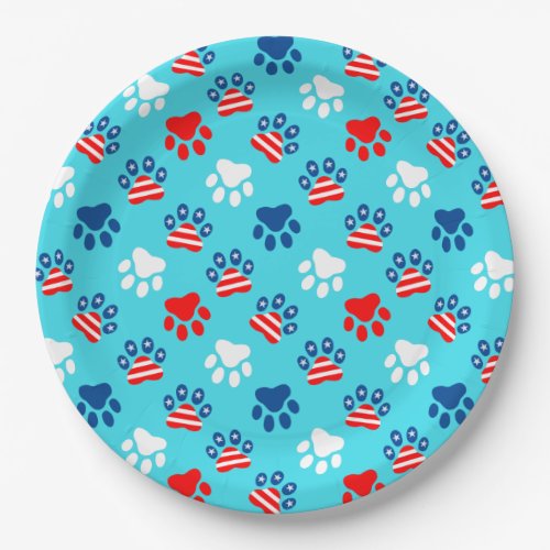 Patriotic Red White and Blue Dog Paws Pattern Paper Plates