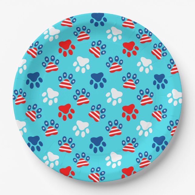 Patriotic Red White and Blue Dog Paws Pattern Paper Plates (Front)