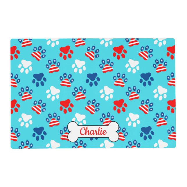 Patriotic Red White and Blue Dog Paws Pattern Placemat (Front)